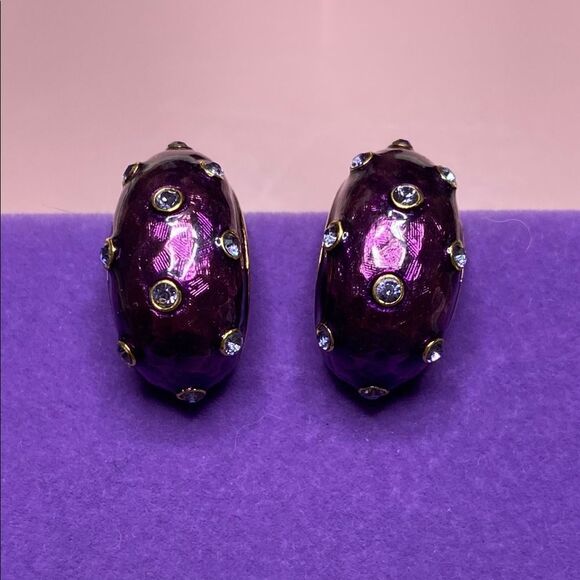 💛 Joan Rivers Gold Plated Purple Enamel & Crystal Earrings - Picture 1 of 4